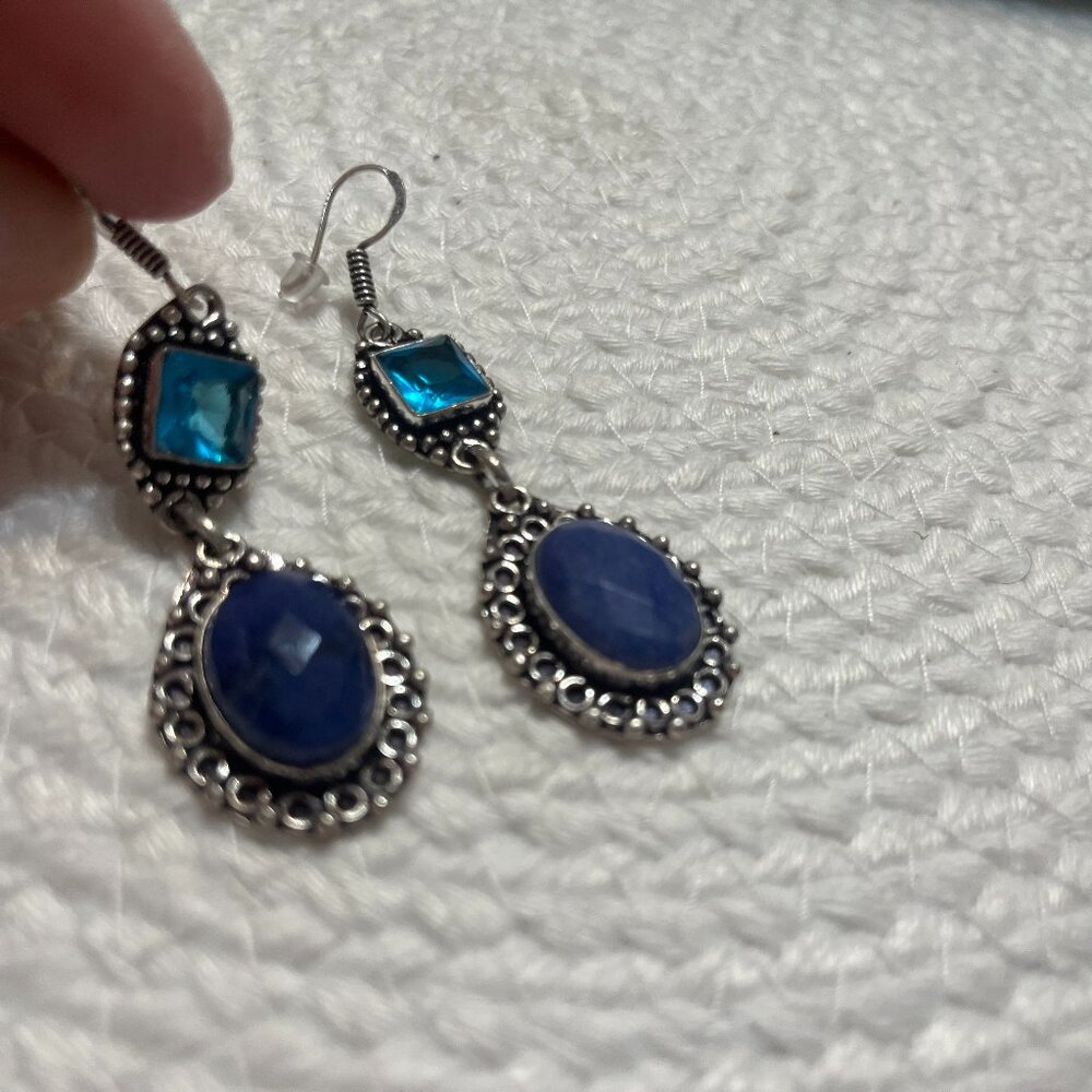 Gorgeous SIMULATED SAPPHIRE & BLUE TOPAZ Handmade Sterling 925 Earrings #418D